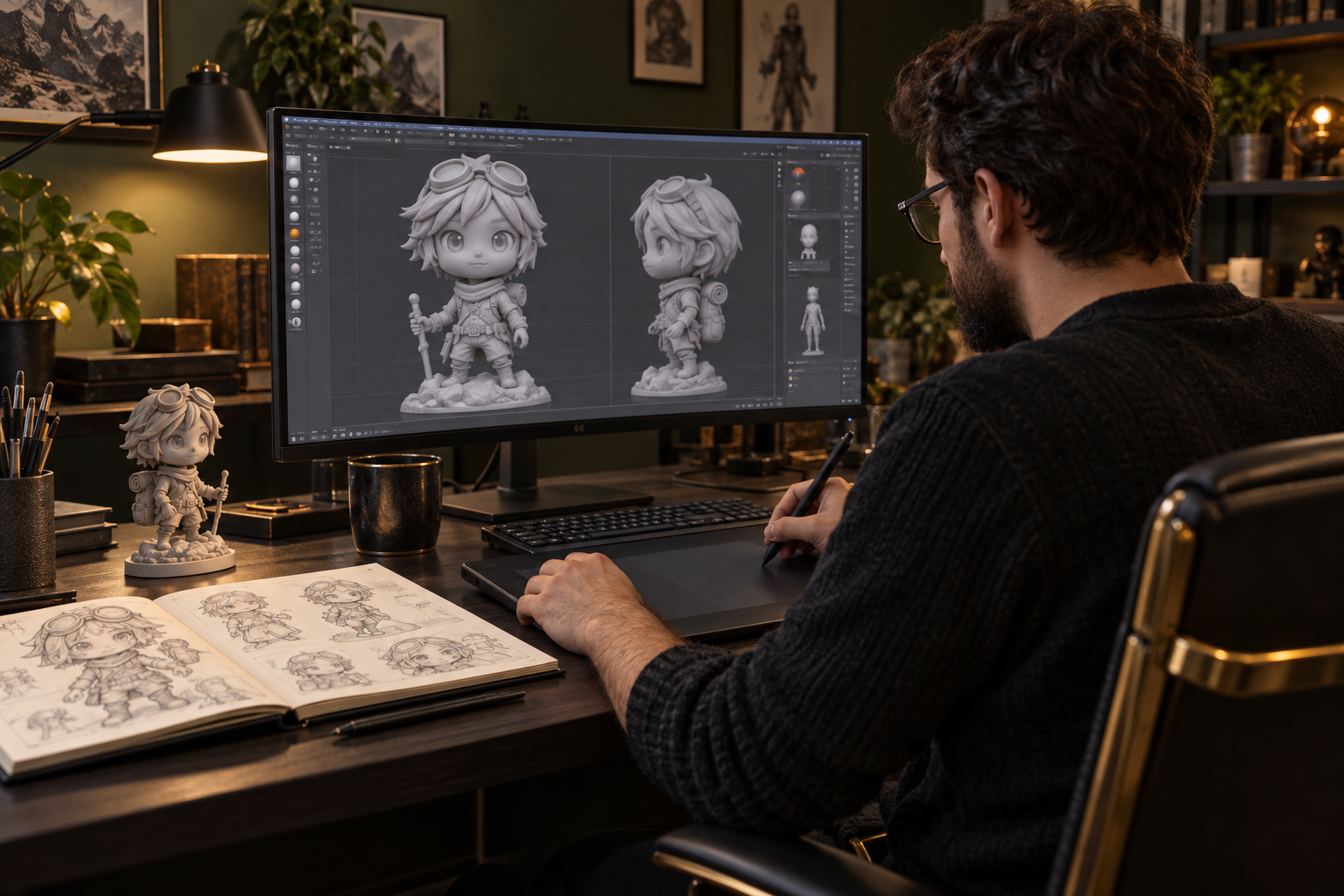 Artista digital desenvolvendo uma figura estilizada em software 3D, cena ilustrativa