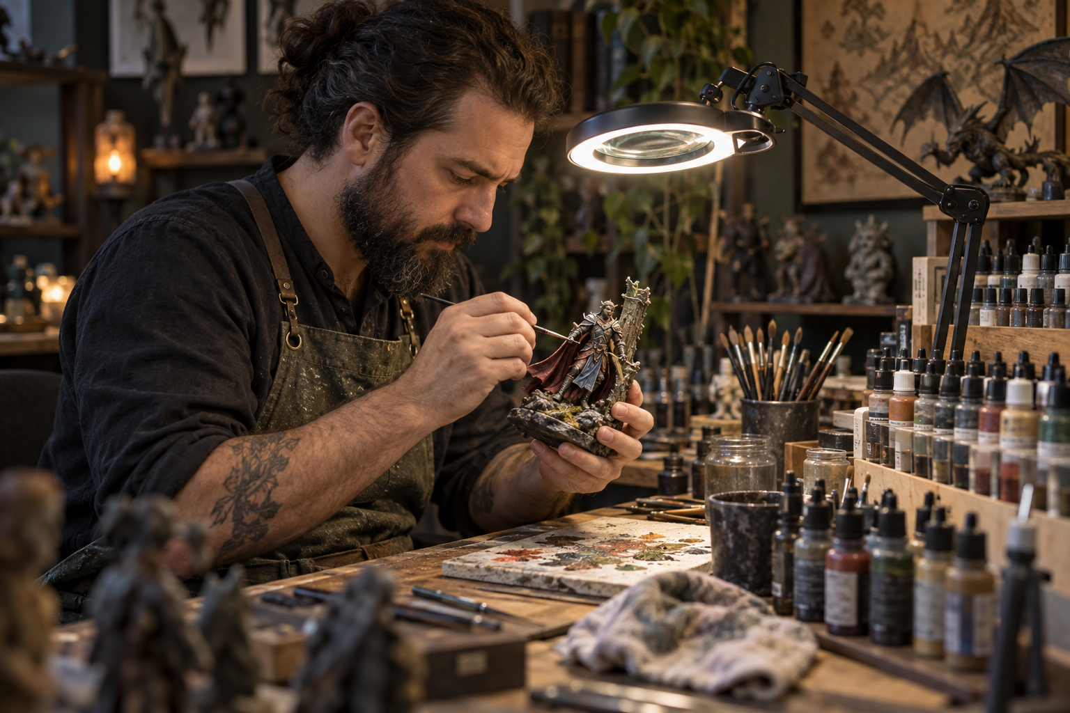 Imagem ilustrativa de uma pessoa pintando uma miniatura no ateliê