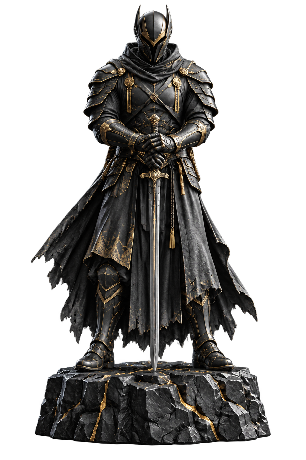Escultura conceitual de um guardião com armadura preta e dourada